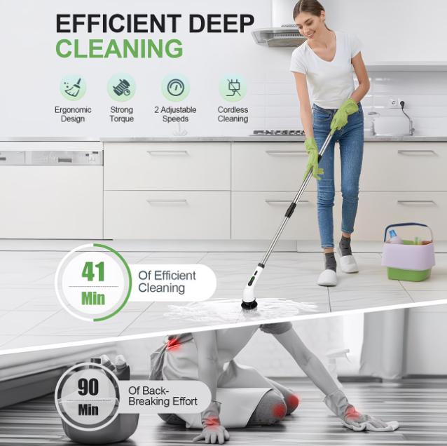 Electric Rotating Scrubber, Cordless Cleaning Brush, LED Power Display, with 9 Replaceable Brush Heads, 2H Dual Speed Power, Adjustable Extension Handle, IPX7 Waterproof, Suitable for Floors, Furniture, Bathrooms, Kitchens, Cars, And Interiors, Etc.