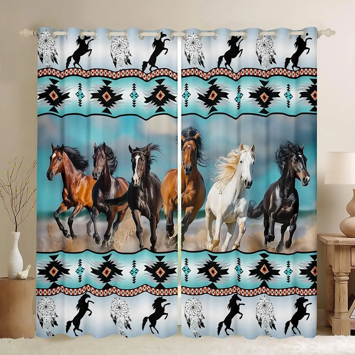 Feelyou Blackout Colorful Curtains - Teal Aztec Print, Southwestern Native, Western Animal Motifs, Ethnic Tribe Feather, Bohemian Dreamcatcher Designer Print, Country Style Bedroom Curtains, Aztec Print Curtains