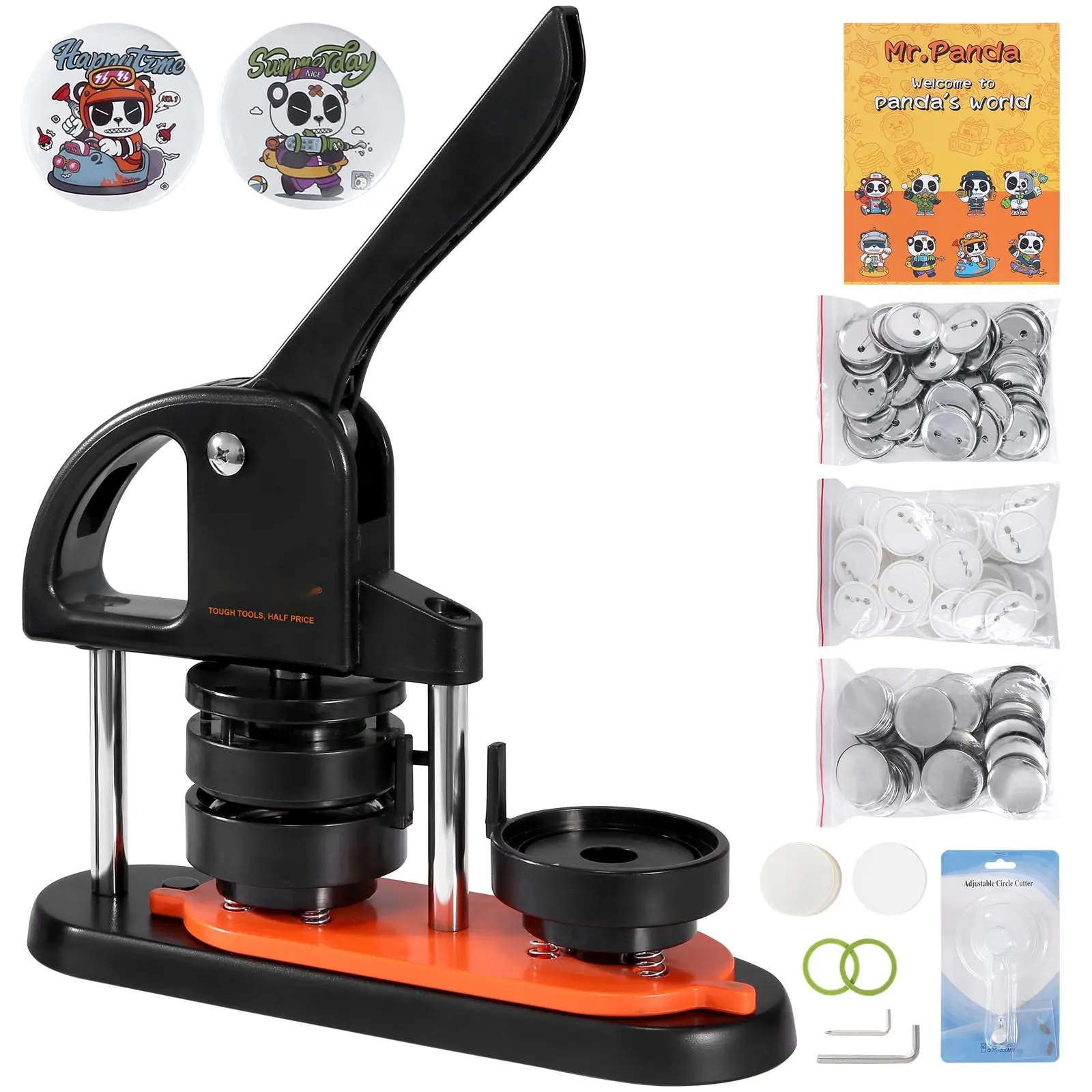 Button Making Machine 2.28 Inch / 58mm Pin Maker With 100 Button Parts, Ergonomic Arc Handle Punch Press Kit, Button Maker With Panda Magic Book, For Children DIY Gifts And Christmas Crafts, Easy To Use Badge Making Tool