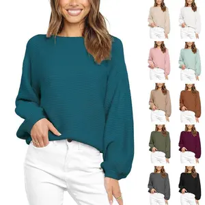 ��Clearance��Fisace Women's Puff Sleeve Knit Pullover Ribbed Sweaters Crewneck Oversized Loose Casual Cozy Soft Slouchy Sweater Tops