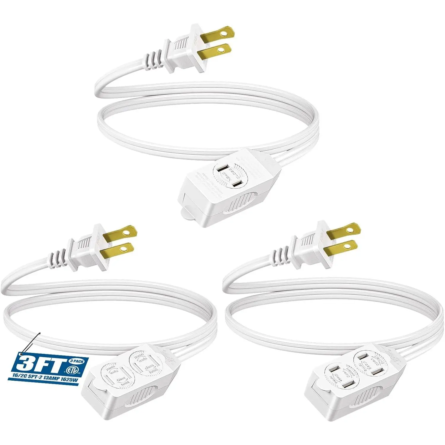 L-PSP002 3-Pack 3ft ETL Listed Indoor Extension Cord, 16 AWG SPT-2 2-Prong Power Cable, NEMA 5-15P to NEMA 5-15R, White for Christmas Decor & Lights