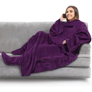 Fleece Blanket with Sleeves and Foot Pockets for Women Men Adults, Plush Warm Wearable Blanket Throw Wrap, Snuggle Cozy Blanket Robe, Great Gift for Wife Mom, Dark Purple
