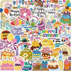 50pcs Cute Cartoon Happy Birthday Pattern Sticker, DIY Decoration Sticker for Wall Water Bottle Skateboard Helmet Car Bike Luggage Laptop