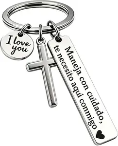 Spanish-Themed "Drive Carefully I Need You Here With Me" Keychains for Women, Fashion Costume Jewelry Accessory with Cross Charm and "I Love You" Charm