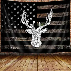 American Flag Hunting Tapestry, Western Black and White Country Deer Tapestry Wall Hanging for Men Bedroom Room, Rustic Camo Tapestries Poster Blanket College Dorm Home Decor 60X40 Inches