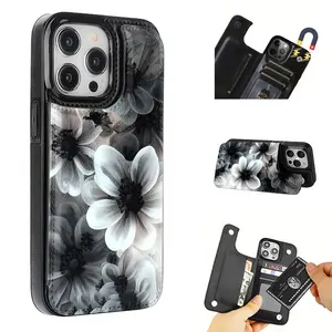 Beautiful Black White Gray Flower Pattern Leather Card Holder Phone Case, Suitable for iPhone 17 Air/16 Plus/15 Pro Max/14 Pro/13/12/11/XS Max/X Phone Case, Perfect Gift for Thanksgiving Christmas for Family Friends Lover Boyfriend Girlfriend