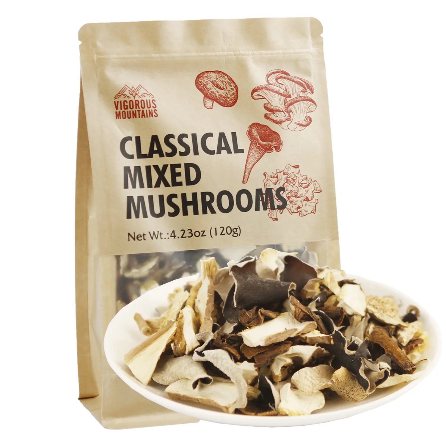 Dried Mixed Mushrooms Blend Including Porcini Shiitake Oyster Woodear Mushrooms 4.23oz, Soft Texture Bold Flavor Vegan Food for Cooking 120g