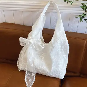 Women's Elegant Lace Embroidery Shoulder/Tote Bag - Spacious Zipper Handbag with Wrist Strap Suitable for Casual & Formal Occasions, Durable Bag,  (Available in White, Suitable for//Travel)