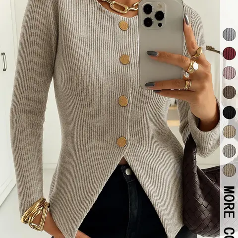 Women's Casual Elegant Ribbed Knit Button Long Sleeve Top, Fitted Plain Design, All Season Wear, Moderate Fabric Thickness, Knitwear