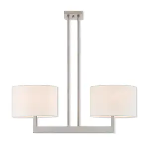 11 inch 2 Light Brushed Nickel Linear Chandelier with Hand Crafted Off-White Fabric Outside & White Fabric Inside Hardback Shade