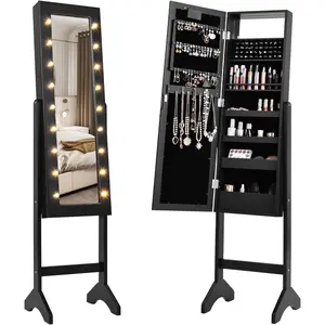 Moccha 18 LEDs Standing  Armoire, Large Lockable  Organizer, Mirrored  Cabinet with Full Length Mirror, 1 Inside Makeup Mirror, 4 Storage Shelves, 16 Lipstick Holders, Black