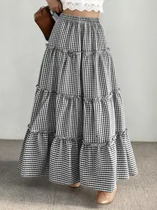Women's Casual Midi Skirt, Elastic Waist Pleated Gingham Fit Cake Skirt, Perfect for Daily Commute Travel Party