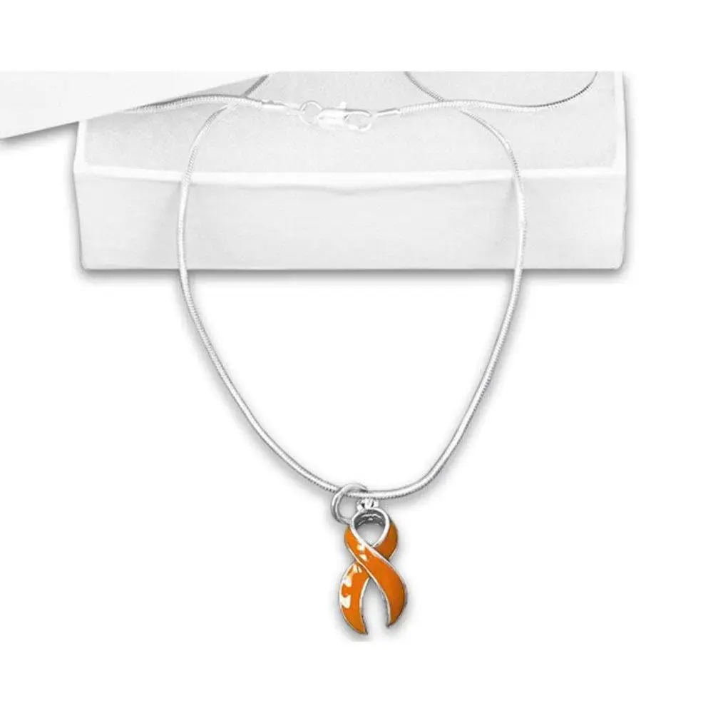 Orange Awareness Ribbon Necklace - Silver Chain with Orange Ribbon Pendant