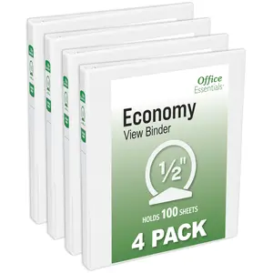 Office Essentials Economy View 3 Ring Binders, 0.5" Round Rings, 0.7" Spine, 100-Sheet Capacity, White Binders (4-Pack of 03124)