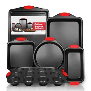 Baking Pan 6 Piece Set Nonstick Carbon Steel Oven Bakeware Kitchen Set with Silicone Handles, Cookie Sheet, Round Cake Pan, 9x13 Roasting Pan, Loaf Pan, 12 Cup Muffin Cupcake Pan, Square Pan