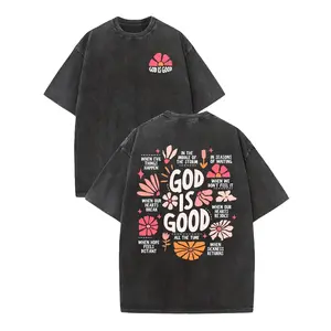 Christian T-Shirt with Floral & Faith Message - “The Lord Is Good” Print, 230GSM Washed Cotton Unisex Casual Round Neck Short Sleeve Shirt for Church, Religious Events, Casual Attire - Spiritual Gift for Men & Women
