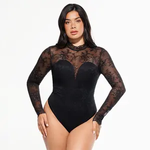 Popilush Deep V Long Sleeve Bodysuit - Sheer Lace Turtleneck with Built-in Bra, Tummy Control & Breathable-live