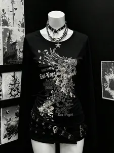 Gothic Graphic Print Minimalist Women's Long Sleeve Fitted T-Shirt, Friend Gift, Unique Street Style, Fashionable Spring & Fall