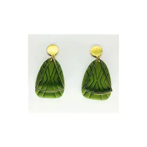 Olive Green Geometric Shape Dangle with Gold Embellishments and Gold Button Stud Earrings-Crafting By BB