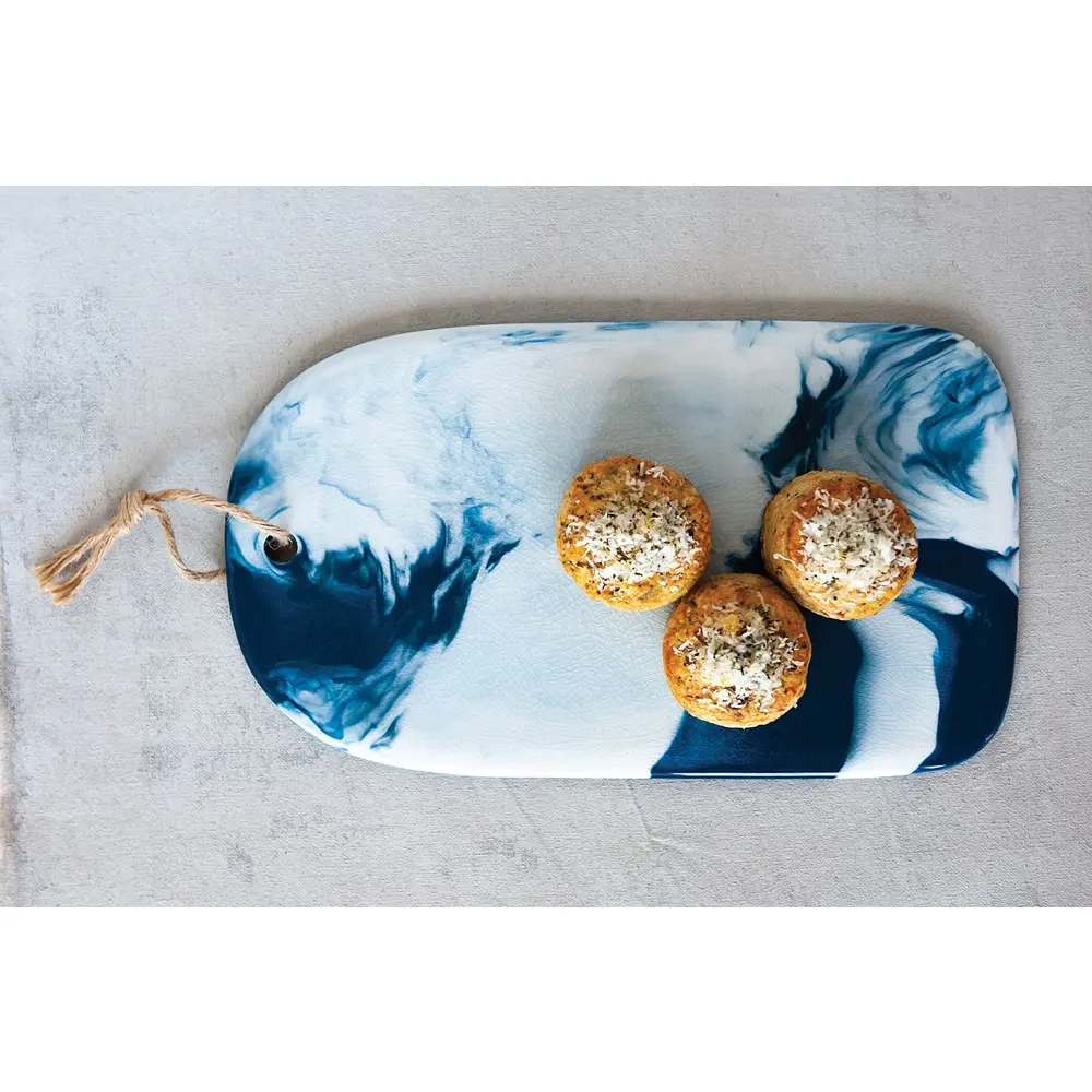 Ceramic Cheese/Cutting Board with Blue and White Marble Glaze - 13-1/2-in. x 7-3/4-in.