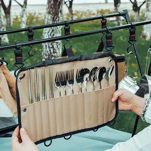 Portable Outdoor Tableware Storage Bag Organizer for Stainless Steel Camping Cutlery Cooking Utensils Durable Waterproof Lightweight Camp Kitchen Gear Bag for Travel Picnic Hiking Backpacking BBQ