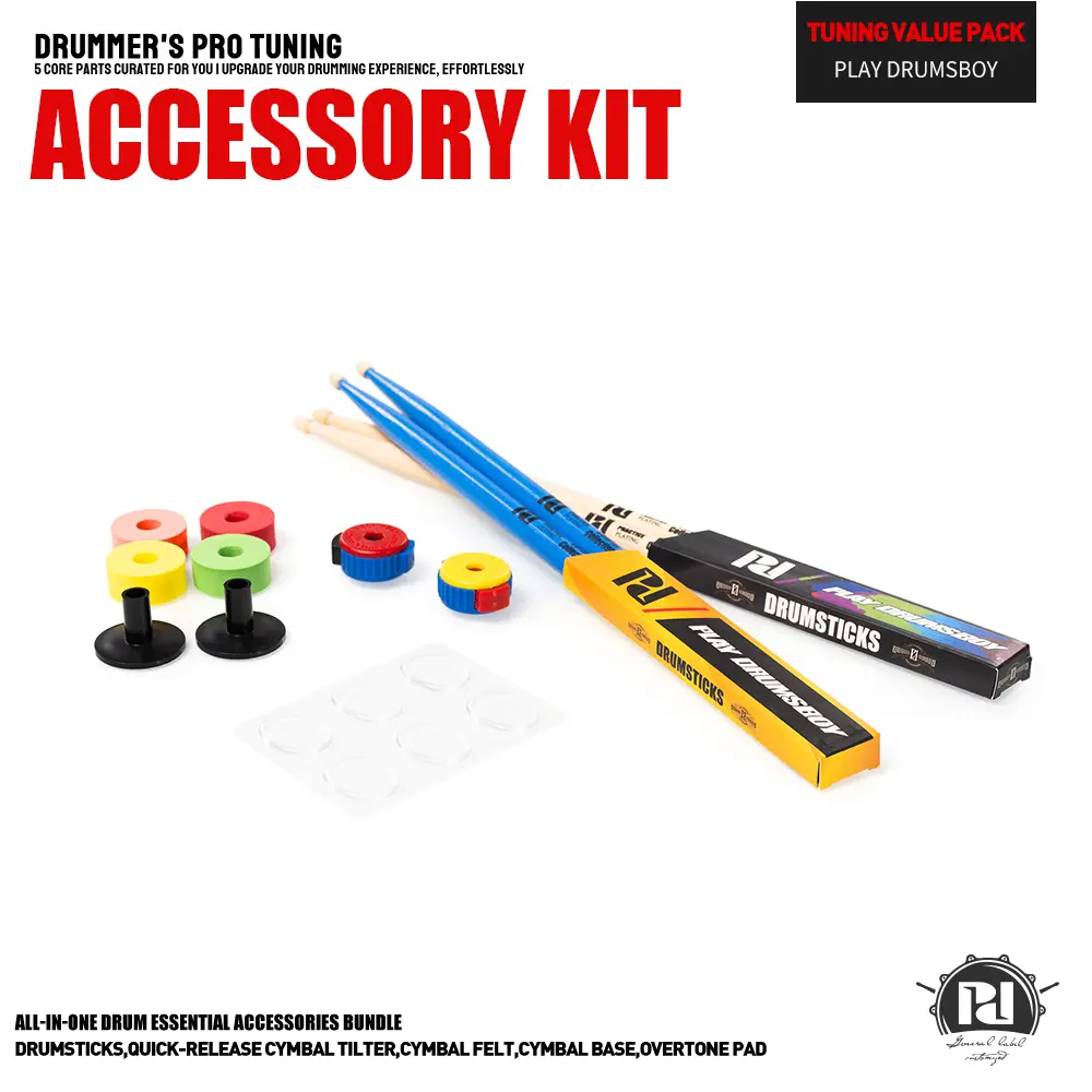 Drummer's Pro Tuning Accessory Kit - Essential Six-Piece Set with Drumsticks, Cymbal Tilter, Base, & Overtones Pad