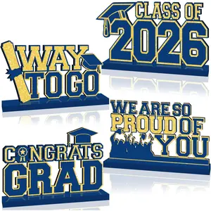 4Pcs Blue and Gold Graduation Decorations 2026 Wooden Table Centerpiece Class of 2026 Graduation Centerpieces for Tables Congrats Grad Table Topper for Graduation Party Tiered Tray Decor Supplies