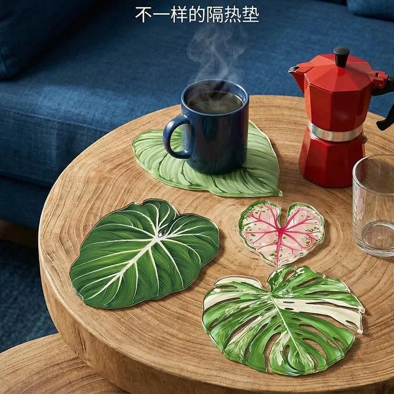 Classic Square Acrylic Leaf Coasters, Heat-Insulating Tableware Accessories - Flexible Plastic & Transparent Silicone Desk Protection, Coaster for Desk