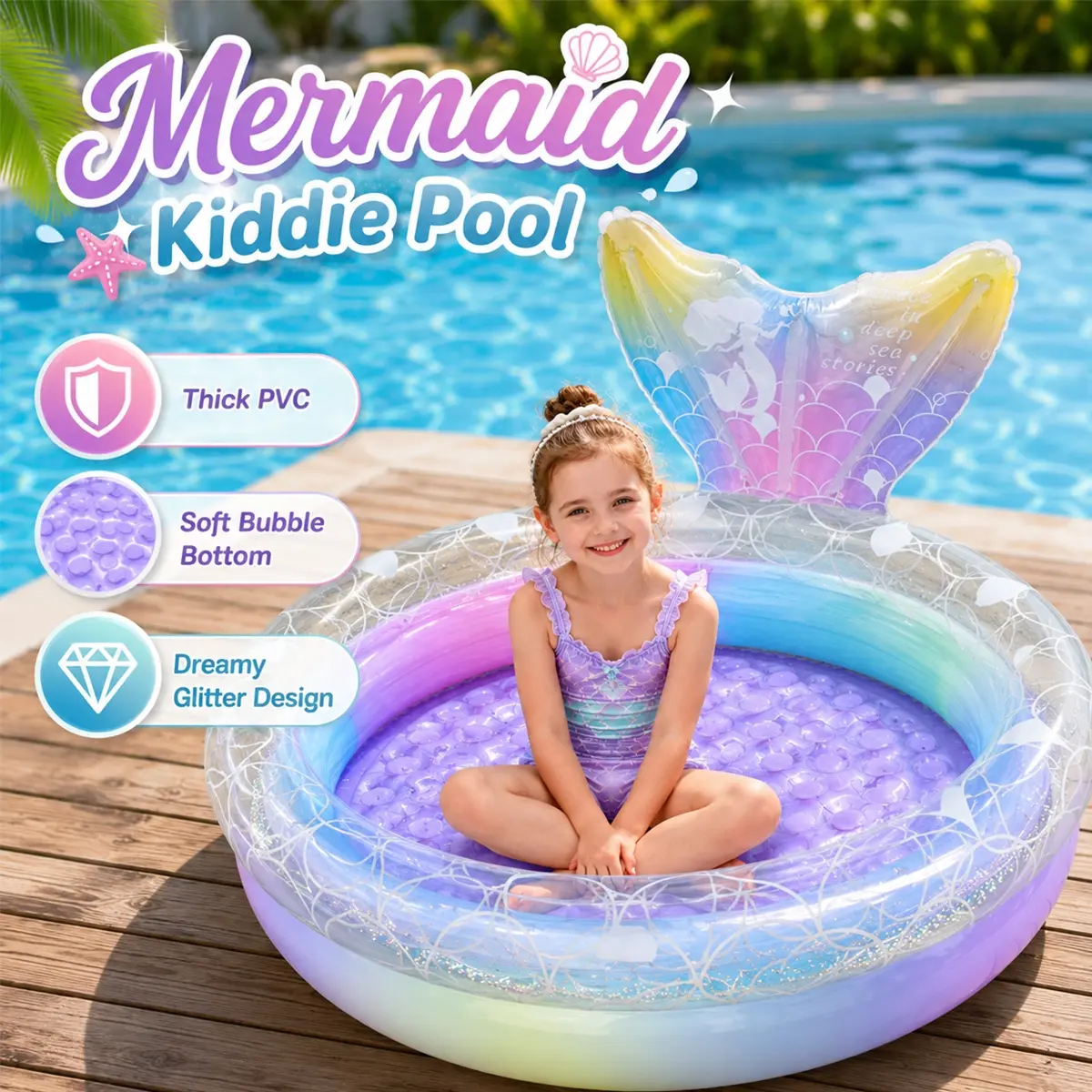 Inflatable Mermaid Kiddie Pool Rainbow Glitter Style, Thick PVC Round Paddling Pool with Soft Bubble Bottom and 2-Ring Blow Up Design, Portable Backyard Ball Pit Swimming Pool for Kids, Toddlers, Indoor Outdoor, Beach, Garden and Summer Water Time