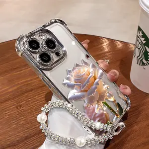 Rose Pattern Women's Phone Case for iPhone&Samsung. Features a silver chrome alloy frame, high-definition transparent material, reinforced corner protection, and full-body drop-resistant design.