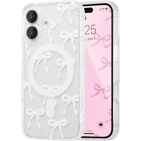 Magnetic Smartphone Casing - Wireless Slim Ribbon Bow Protector, Anti-Yellowing Shockproof Accessories, Magnetic Attachment for Quick Snaps, Compatible with iPhone 11-17/17 Pro/17 Pro Max/17 Air/12-16/16 E/16 Pro/16 Pro Max/16 Plus (White, for Women), Dev