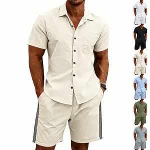 Men's Summer Minimalist Casual Solid-Color Trendy Button-Down Short-Sleeve Shirt and Striped Shorts Set