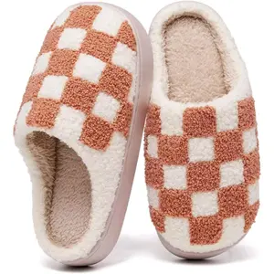 F-SOK12  Checkered Girls House Slippers,Comfort,Wool-Like Plush Fleece Lined,in Winter Keep Warm,Slip-On for indoor