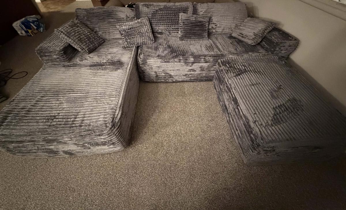 Item: Grey Plush Corduroy Left Chaise, With Ottoman