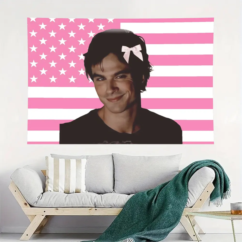 Bright Pink American-Style Damon Salvatore Artwork Print Polyester Tapestry - Vampire Diaries Wall Hanging, Machine Washable Home Decor for Bedroom, Wedding Supplies, Artwork Print Tapestries