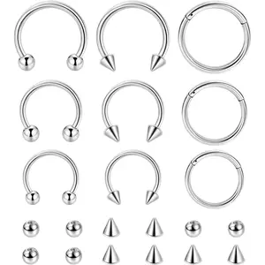 9 count 14G 16G 18G 20G Surgical Steel Nose Septum Rings Horseshoe Hoop Earrings Cartilage Helix Tragus Eyebrow Lip Daith Piercing Hinged Seamless Septum Nose Ring for Women Men