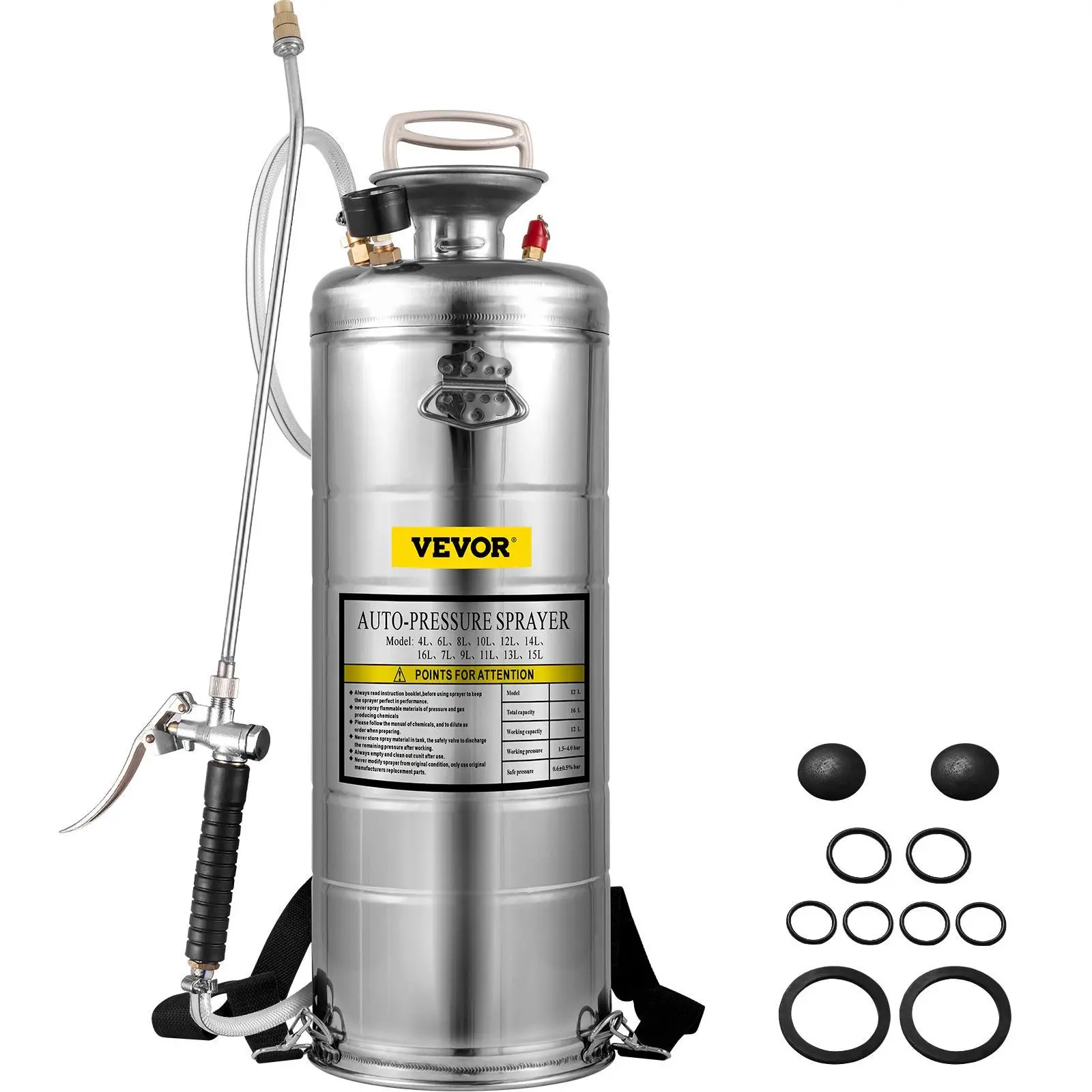 VEVOR 3.5Gal Stainless Steel Handheld Hand Pump Sprayer for Gardener & Automotive Use, Easy to Use & Carry, Set with 20" Wand, Handle, 3FT Reinforced Hose, Pressure Gauge, Safety Valve, Adjustable Nozzle Tunes Mist to Needs, Bowl Inlet Makes Filling Easy