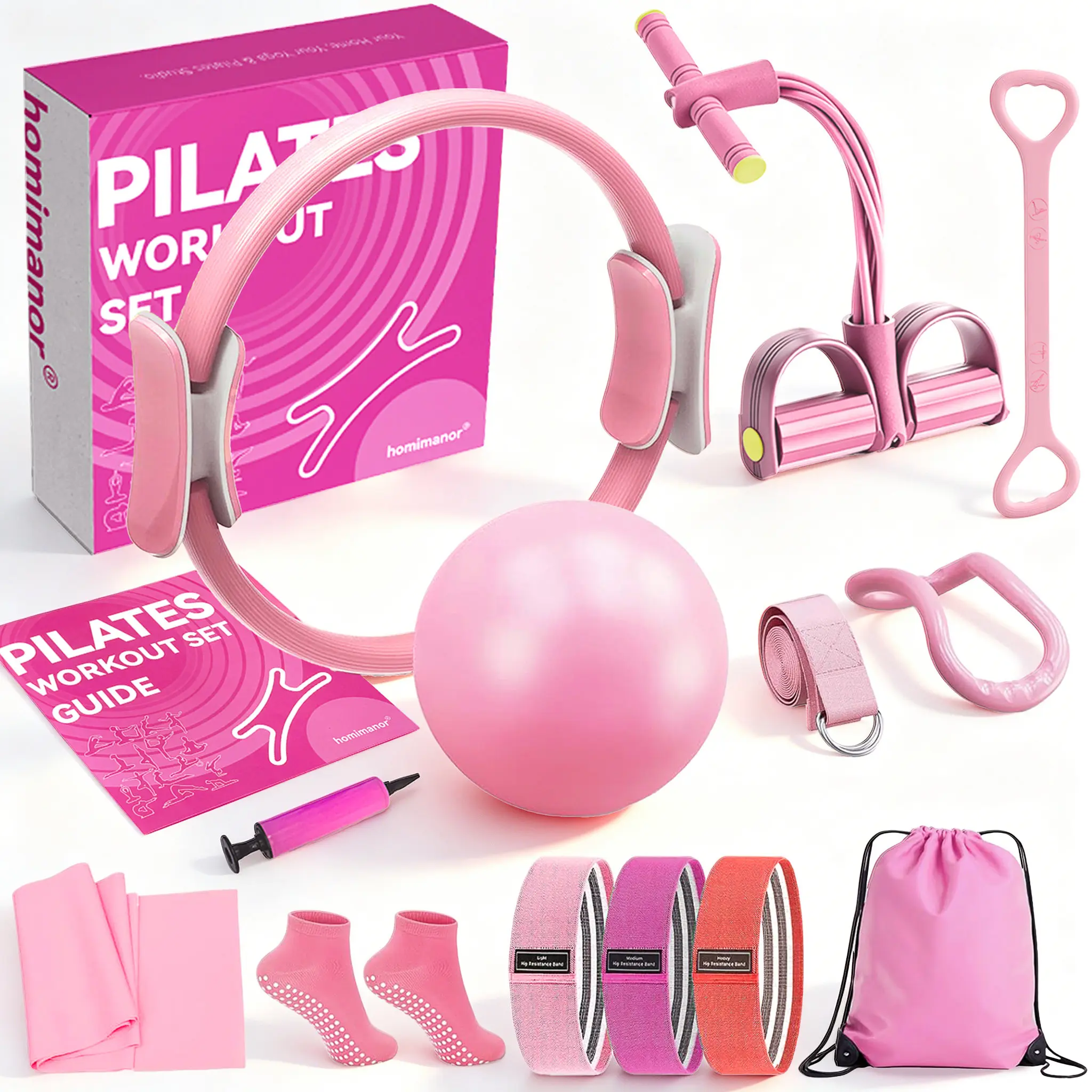 homimanor Pilates Ring Set for Women Home Workout, Pilates Equipment Set for Beginners with 15'' Magic Circle, 9.8" Yoga Ball and Resistance Bands, Pilates Kit for Full Body Toning