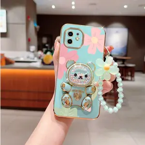 Fashion Strap Lanyard 12 Mini Impact Resistant PC Phone Holder Case Phone Accessory Compatible With for iPhone 12 Mini Colorful Bear with Flowers Floral Style Case Cover for Fashion
