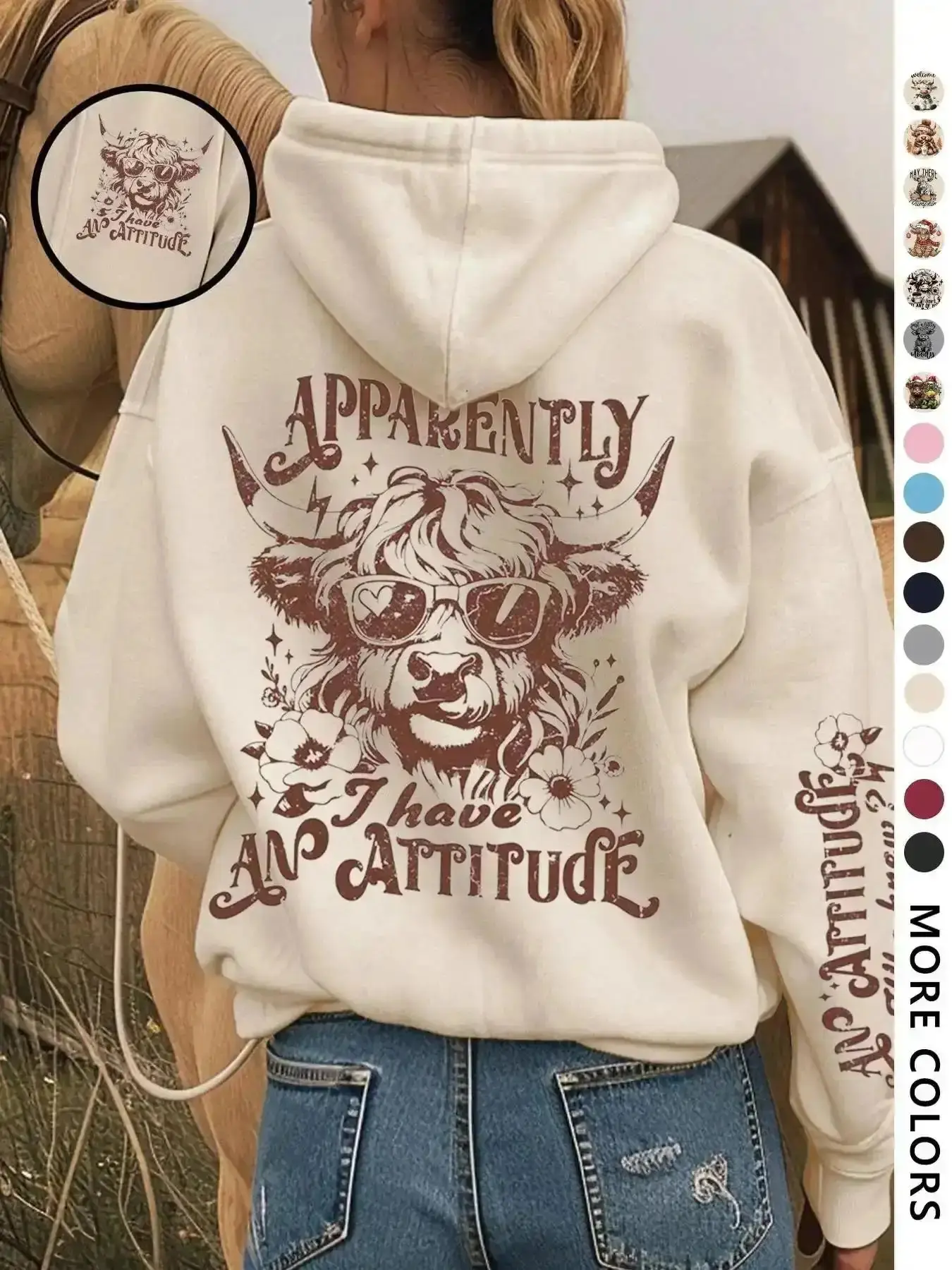 Western Highland Cow Hoodie Fitted "Apparently I Have An Attitude" Graphic Sweatshirt, Funny Sassy Vintage Pullover for Fall Winter Cozy Casual Everyday Quality Classic Elegant Cute Smooth Lightweight