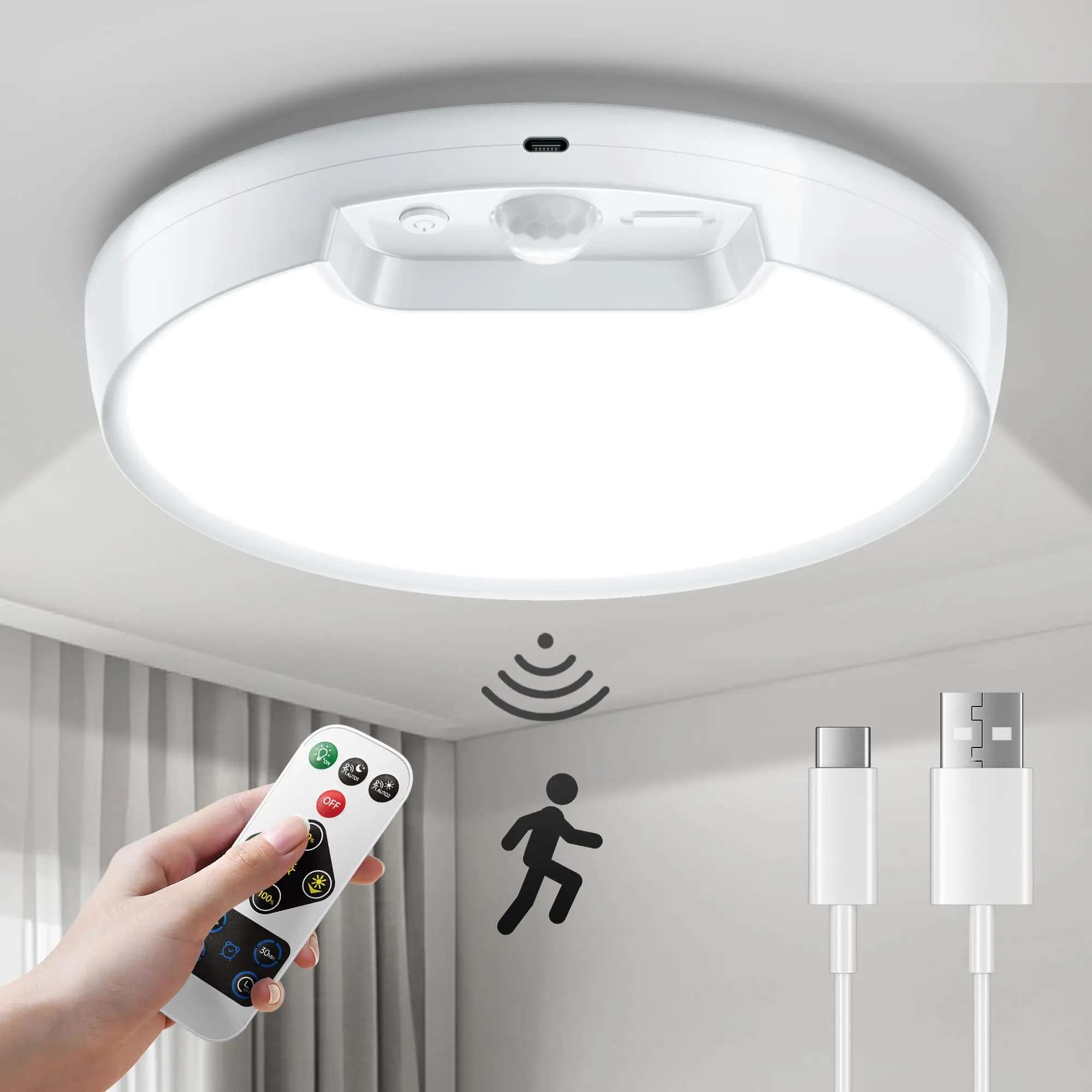 ISUNMEA Newly Upgraded 8000mAh Rechargeable Ceiling Light, Battery-Operated Wireless Motion Sensor Ceiling Light with Remote for Shower, Bathroom, Closet, Stairs, Hallway, Porch (6000K Cool White) Smart Lamp
