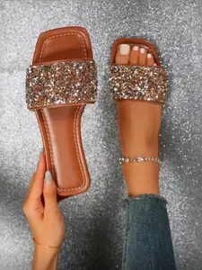 Pearl Rhinestone Slip-On Flat Sandals, Square Toe Casual Shoes for Women, Elegant Party Wear, PU Material, All Seasons, Flat Slide Sandals