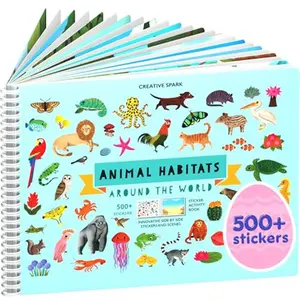 Animals Habitat 500+ Kids Sticker Book for Toddler Airplane Travel Activity Coloring and Sticker Book, Easter Basket Stuffer, 12 Coloring Pages + 12 Scenes for Children's of 2-8 Years
