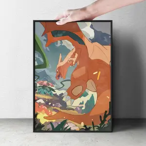 Epic Charizard vs Venusaur Poster, Battle Scene, Unframed Print, Anime Room Decor