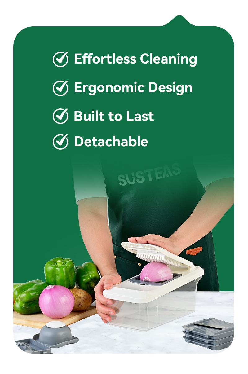 Simplify meal prep with our 8-piece multifunctional chopper set. It features a slicer and container for an efficient, all-in-one kitchen solution.