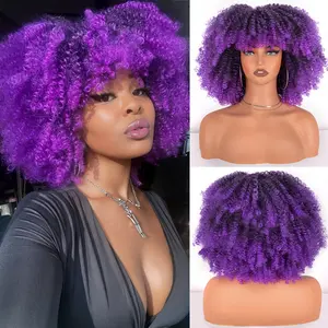 [Customized purple]Kinky Curly Wigs for Black Women,12Inches Machine Made Wigs Afro Bomb Curly Wigs about 280g/Piece Natural Glueless Heat Resistant Synthetic African Wig Purple