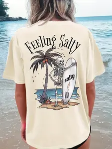 [TEA-SHOP]Tropical Vibes Coconut Tree & Skull Print T-shirt - Comfortable Short Sleeves, Gift for Her, Classic Crew Neck Design, Relaxed Fit Casual Top for Everyday Wear,TShirt Perfect for Sunny Summer Days and Mild Spring Mornings.