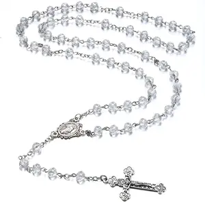 Catholic Rosary Crystal Beads Necklace with with Miraculous Medal Cross Crucifix Rosaries Communion Rosary