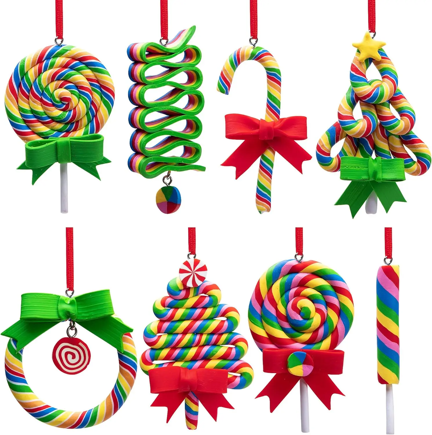 8 PCS Christmas Lollipop Ornaments- Rainbow Lollipop Hanging Ornaments- Christmas Candies Polymer Clay Ornament for Xmas Tree Party Decoration