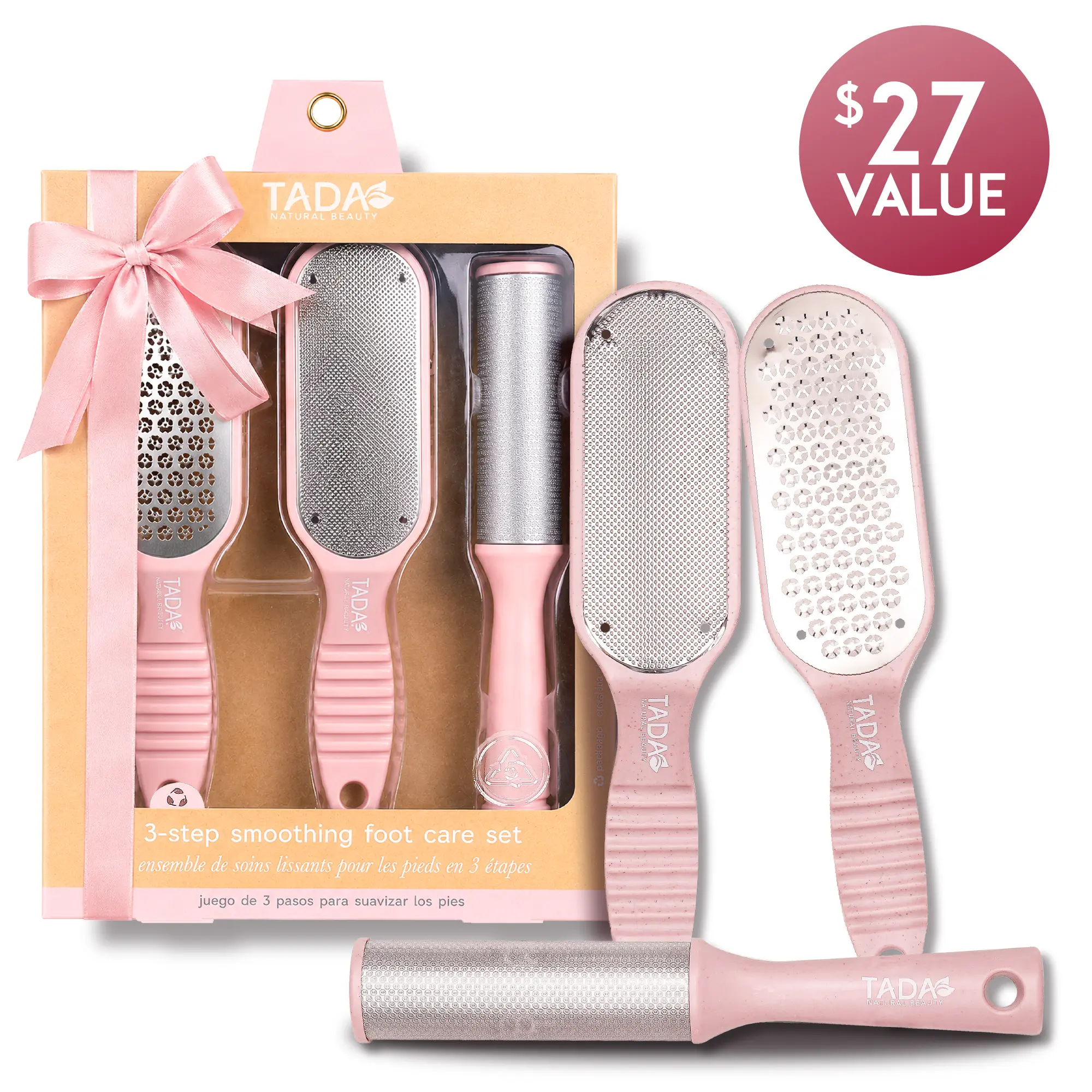 [TADA Natural Beauty] 3PC Pink 3-Step Smoothing Footcare Set - Pedicure Gift Set for Mom, Foot Scrubber, Callus Remover & Exfoliating Tools for Dry Feet, Cracked Heels & Smooth Skin, Summer Essential, Pedicure Self-care, Home Spa Foot care